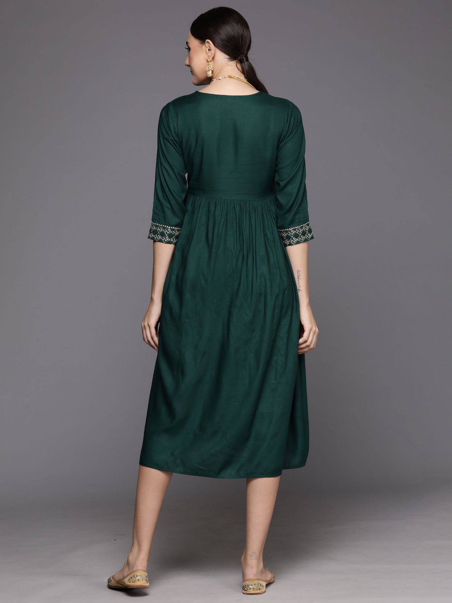 Green Embroidered A-Line Ethnic Dress