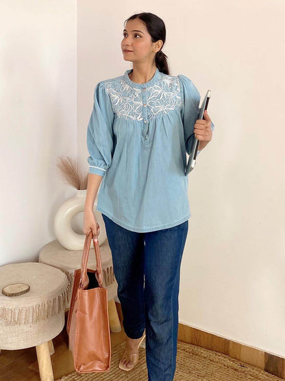 Light Blue Denim Embroidered Flared Top