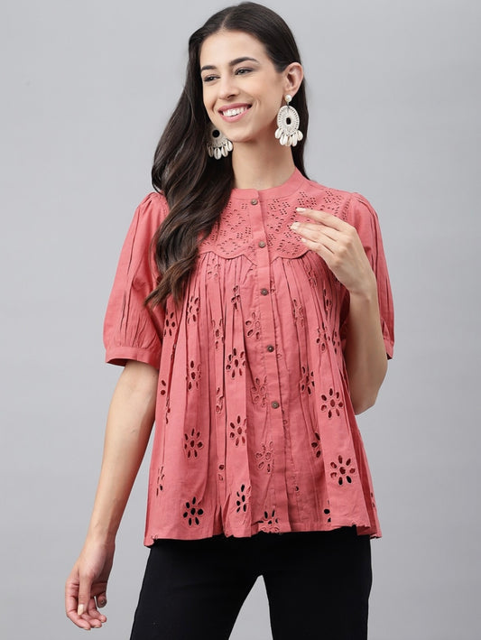 Pink Cotton Schiffli Gathered Top