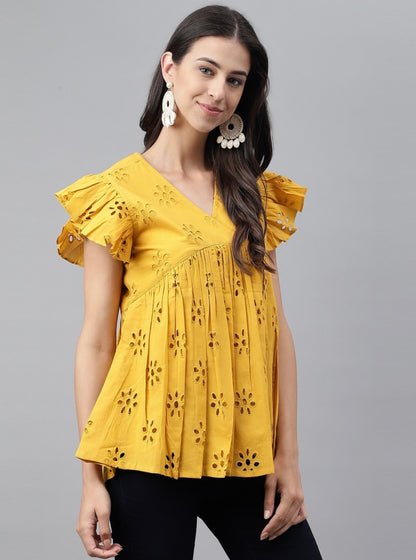 Mustard Cotton Schiffli Gathered Top