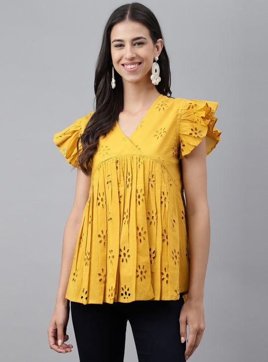 Mustard Cotton Schiffli Gathered Top