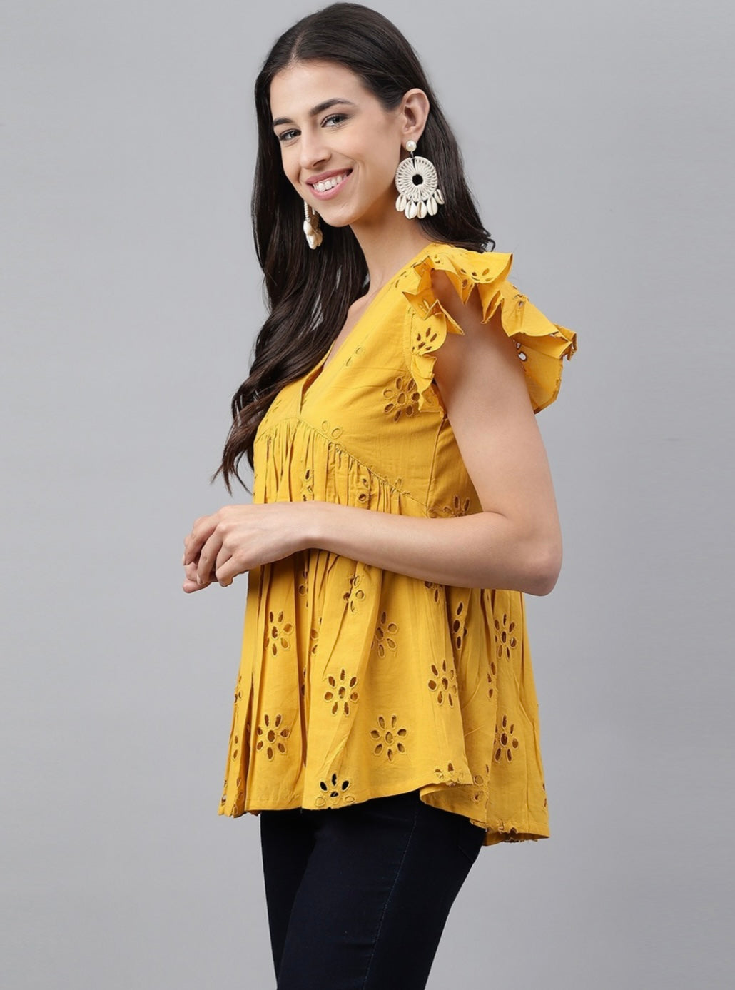 Mustard Cotton Schiffli Gathered Top