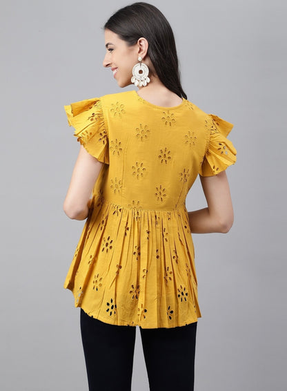 Mustard Cotton Schiffli Gathered Top