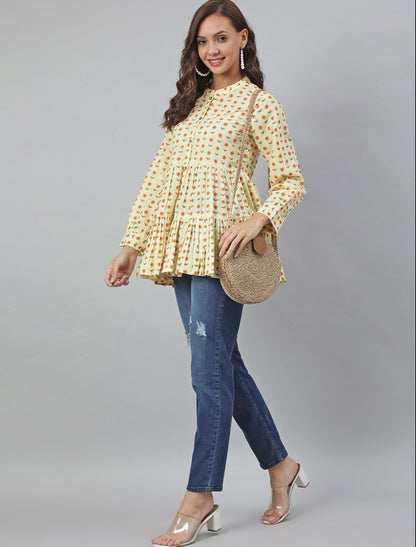 Women's Yellow Cotton Floral Print Tiered Top