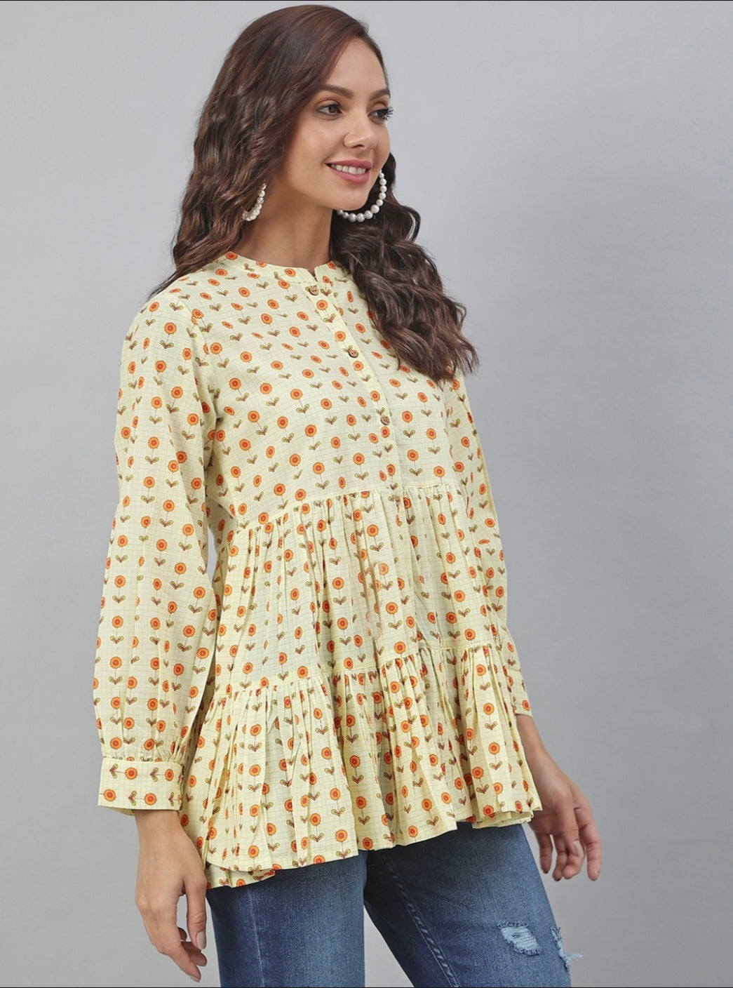 Women's Yellow Cotton Floral Print Tiered Top