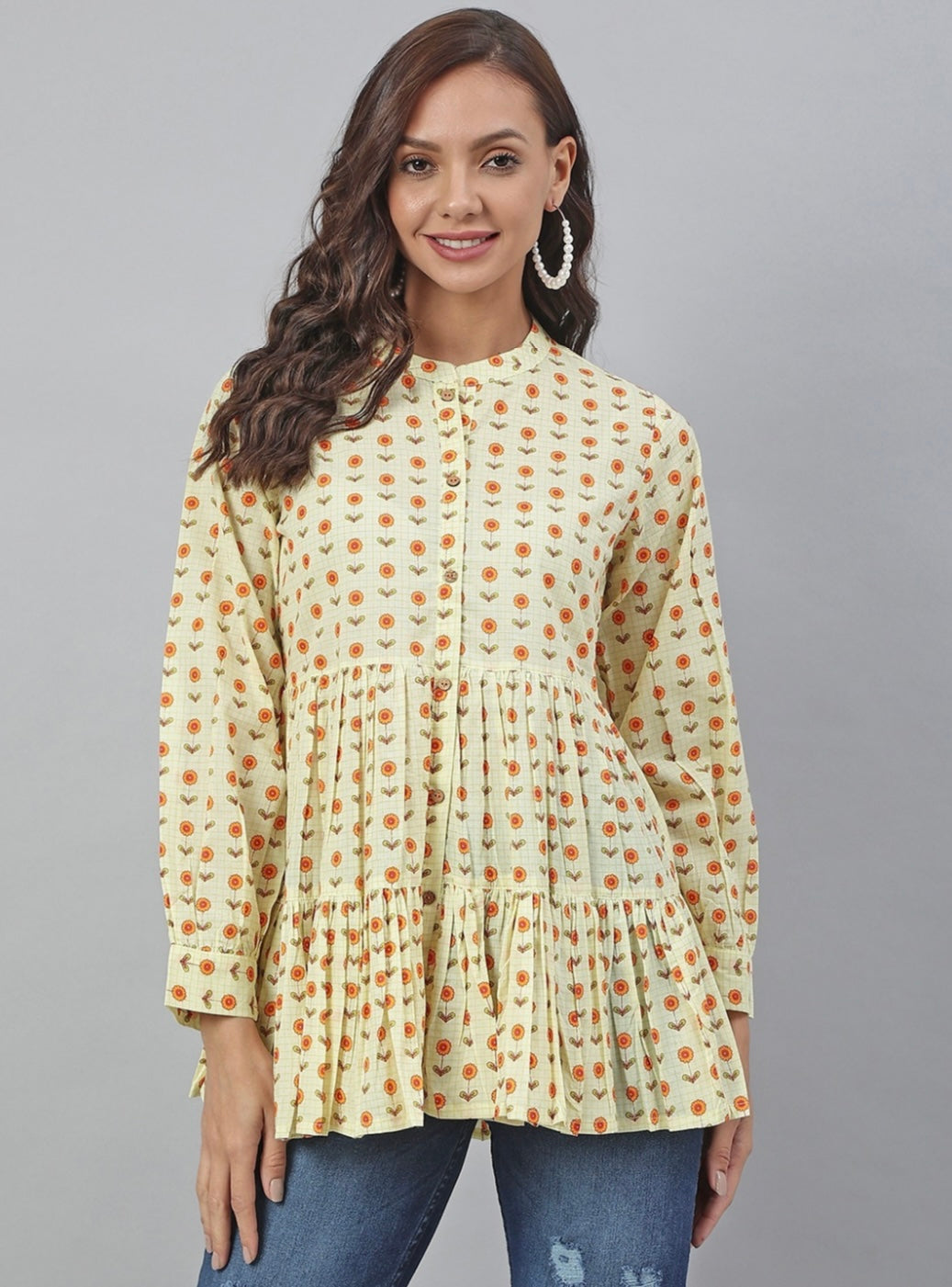 Women's Yellow Cotton Floral Print Tiered Top