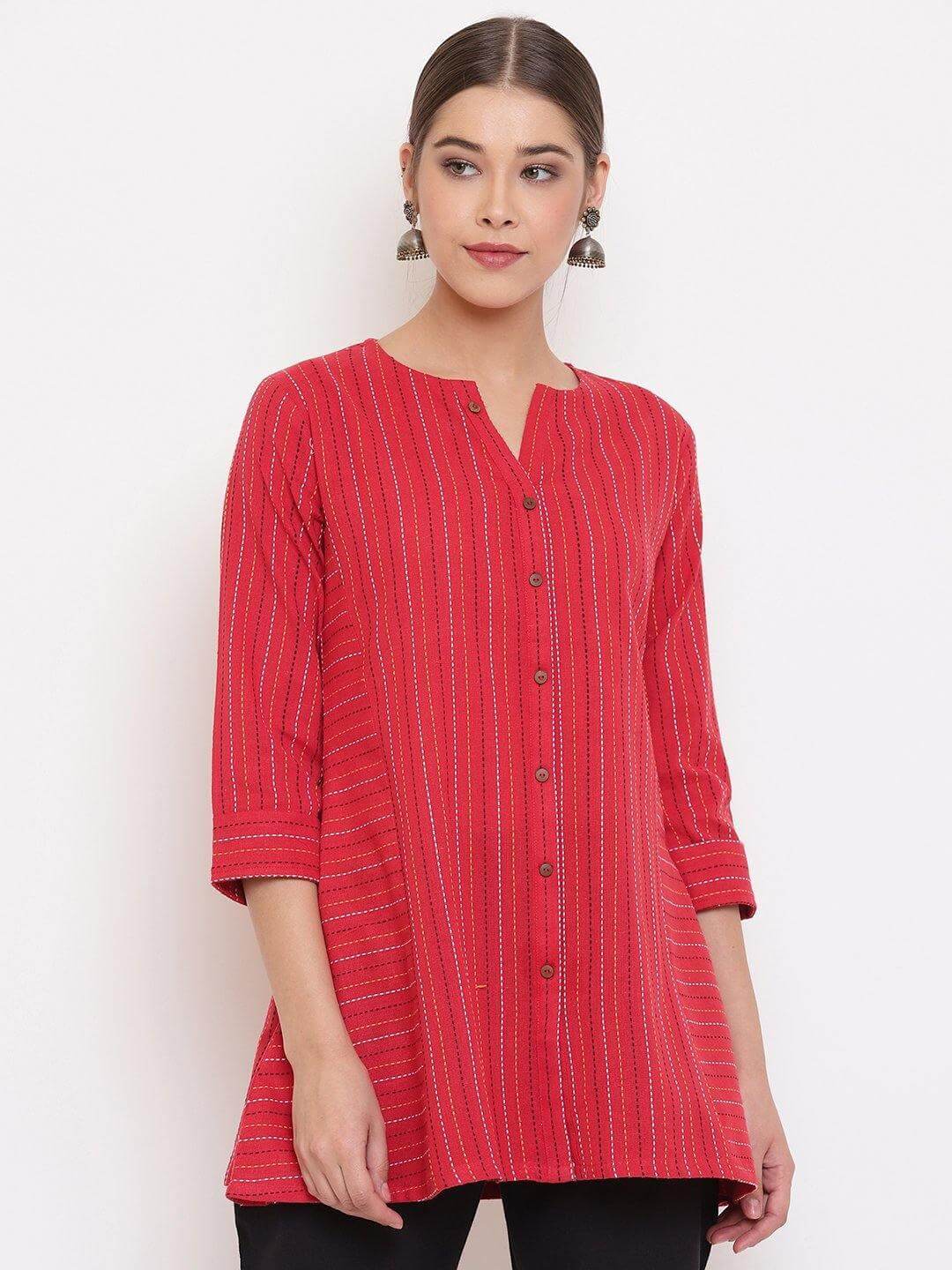 Red Cotton Woven Design A-Line Top