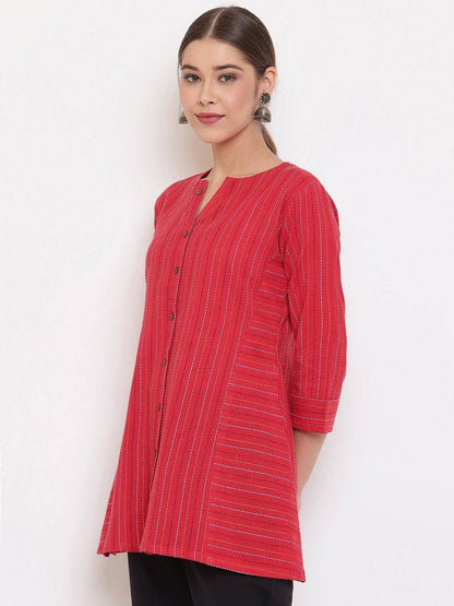 Red Cotton Woven Design A-Line Top