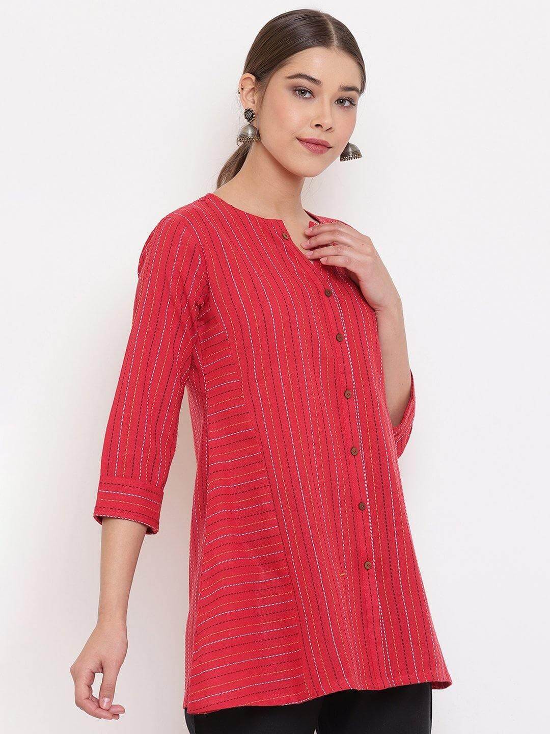 Red Cotton Woven Design A-Line Top