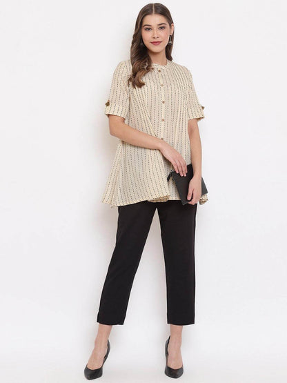 Cream Cotton Striped Pleated Top