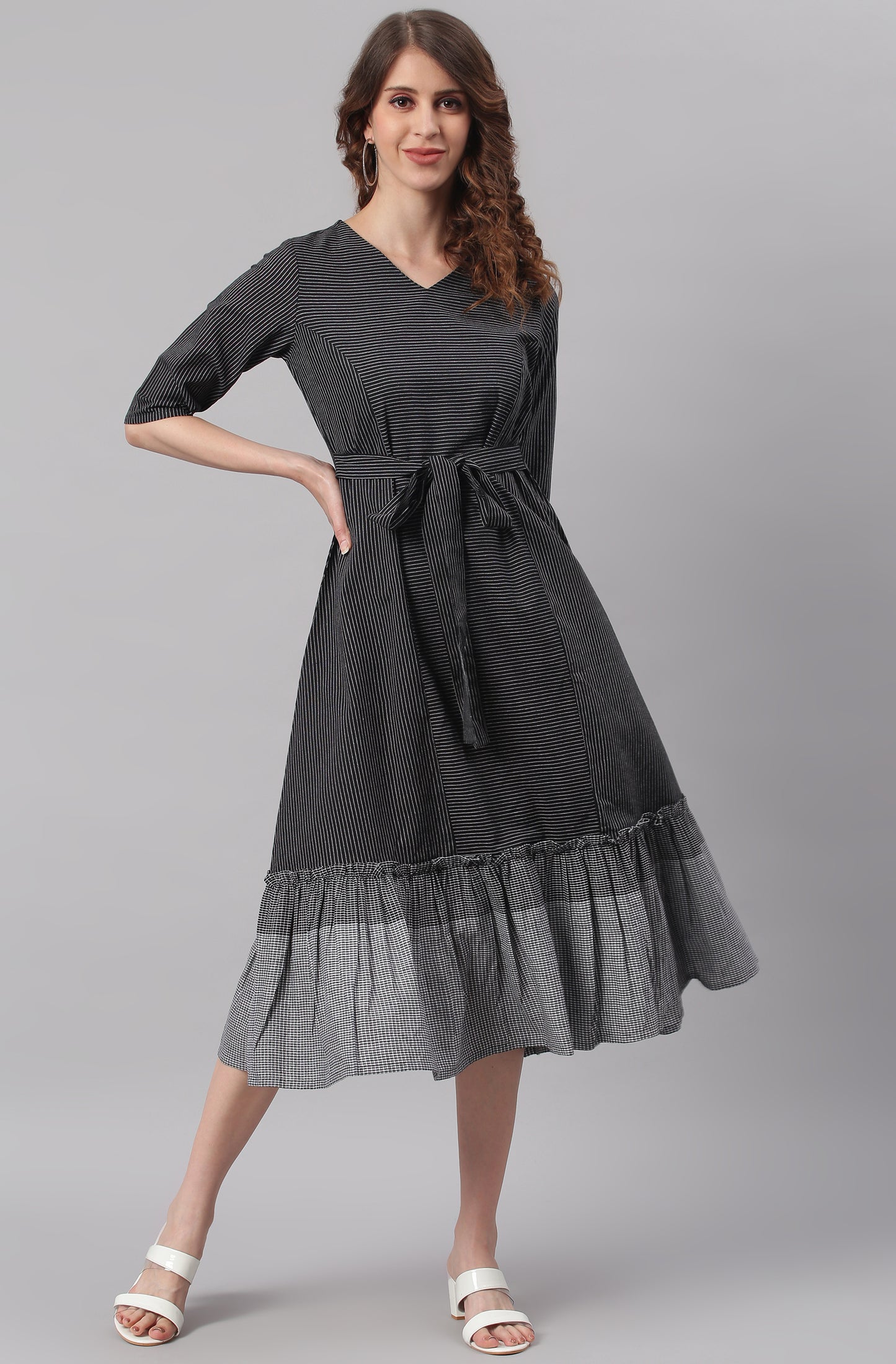 Black Cotton Striped Flared Western Dress