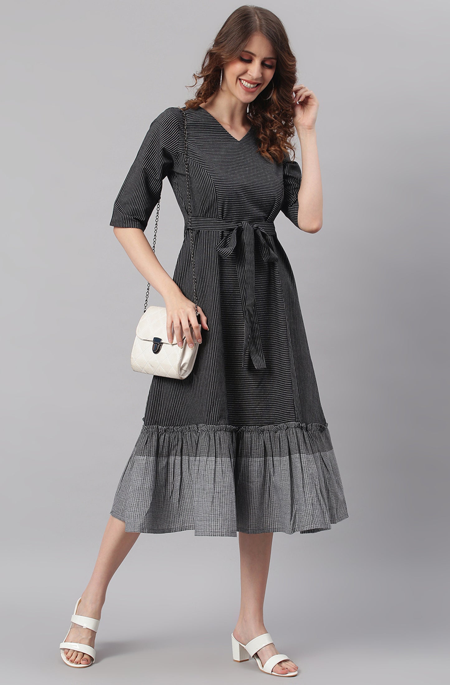 Black Cotton Striped Flared Western Dress