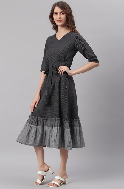 Black Cotton Striped Flared Western Dress