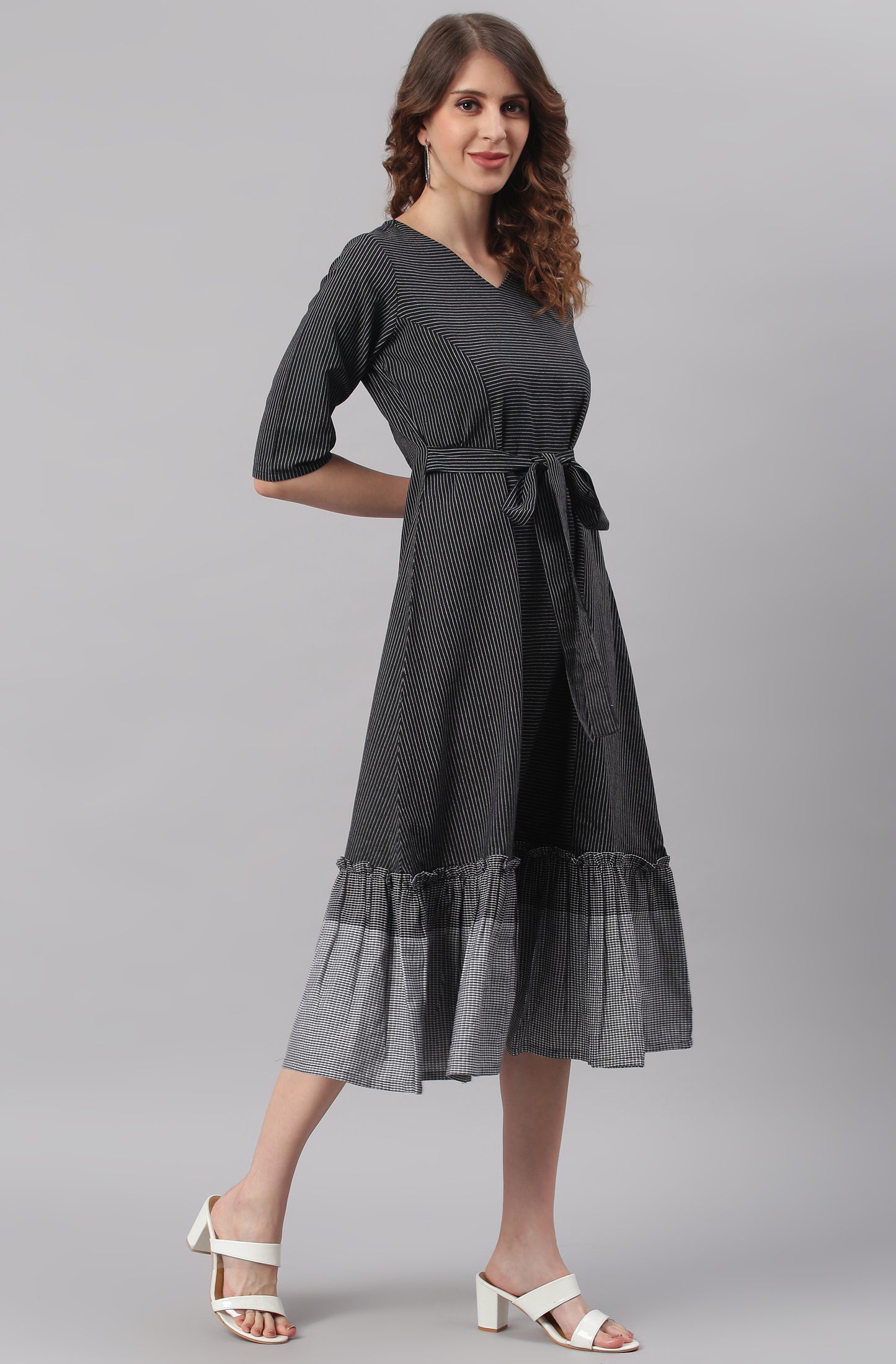 Black Cotton Striped Flared Western Dress