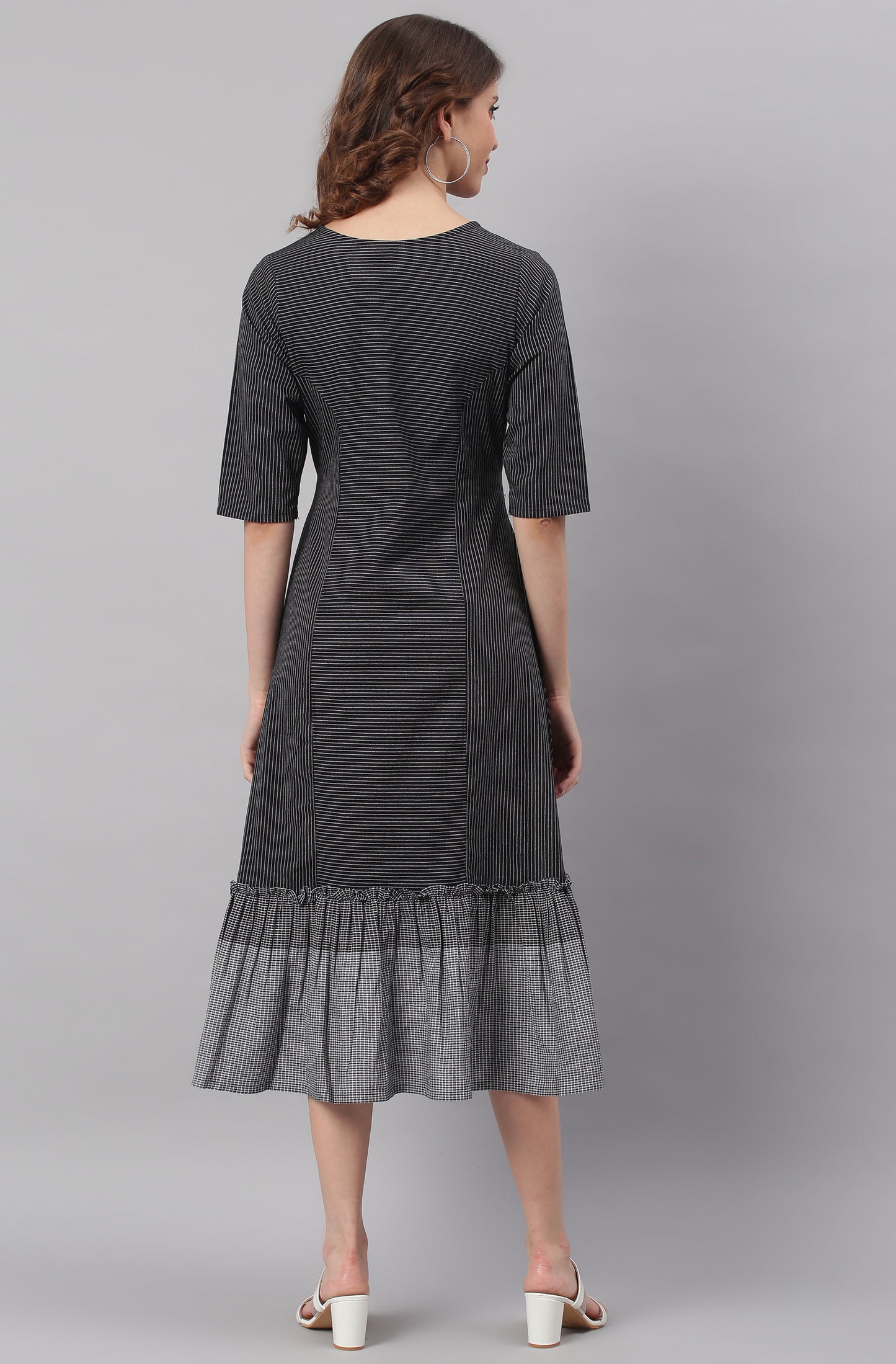 Black Cotton Striped Flared Western Dress