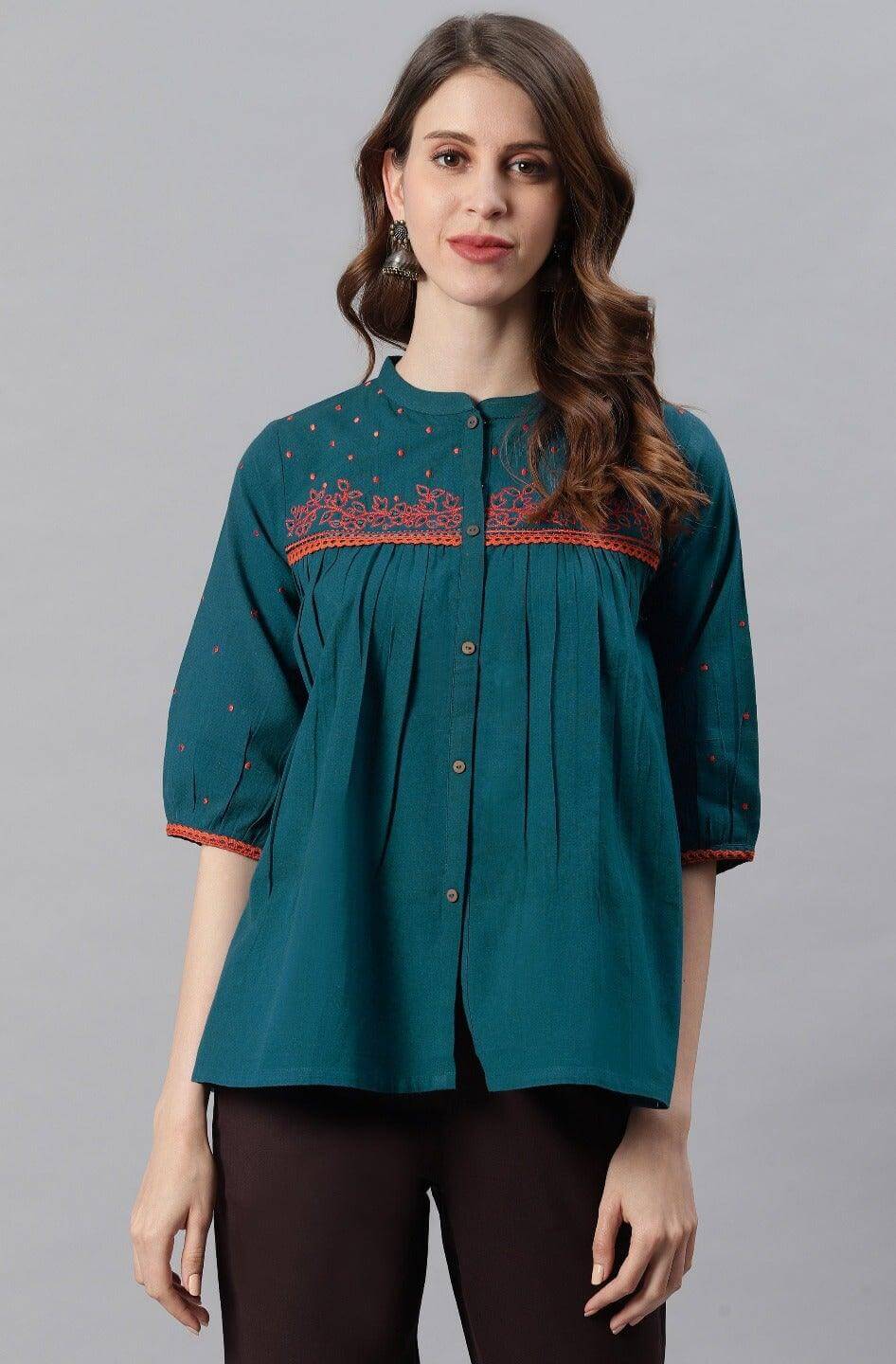 Teal Cotton Flex Embroidered Regular Top