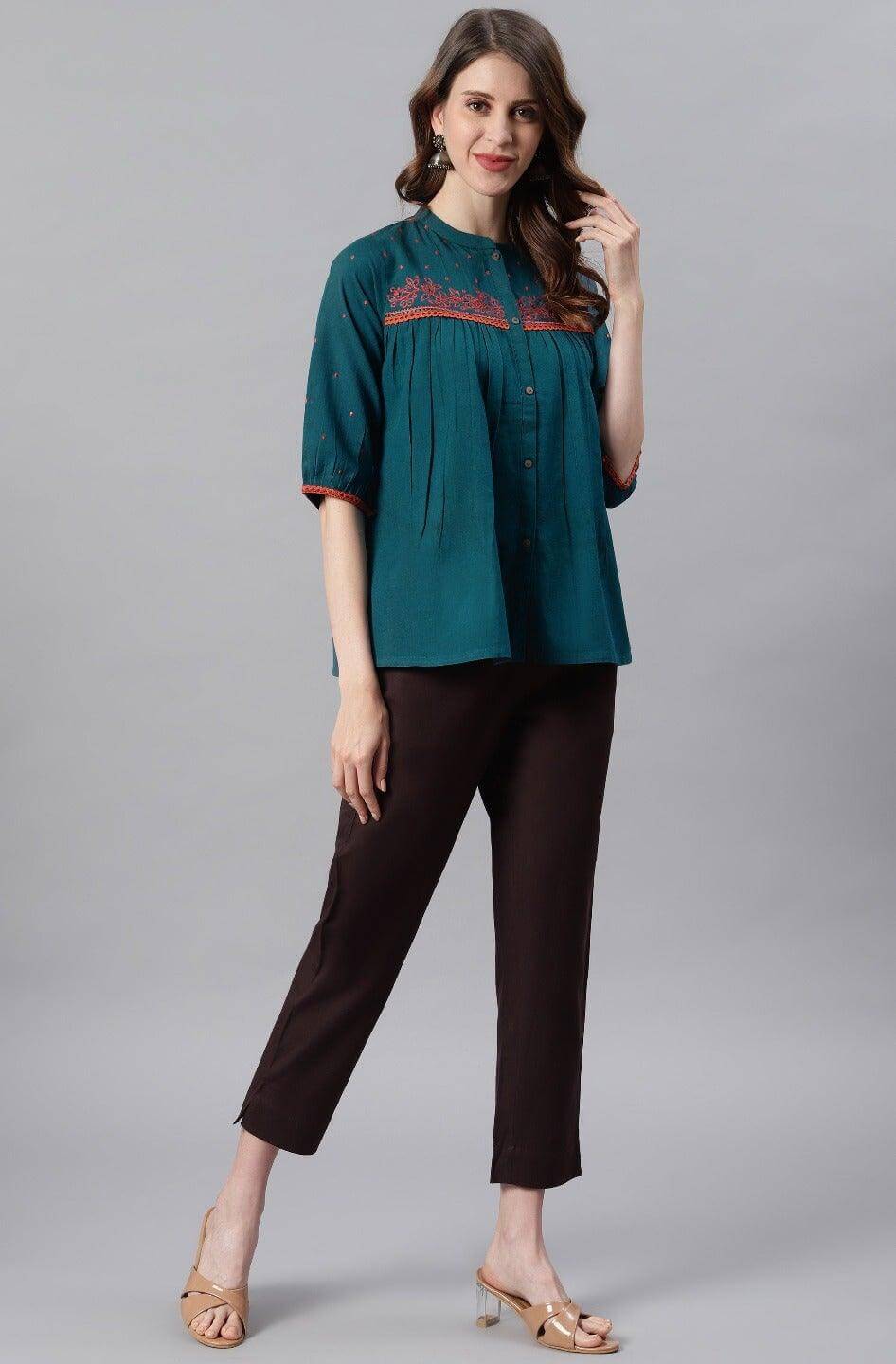 Teal Cotton Flex Embroidered Regular Top