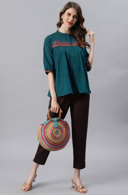 Teal Cotton Flex Embroidered Regular Top