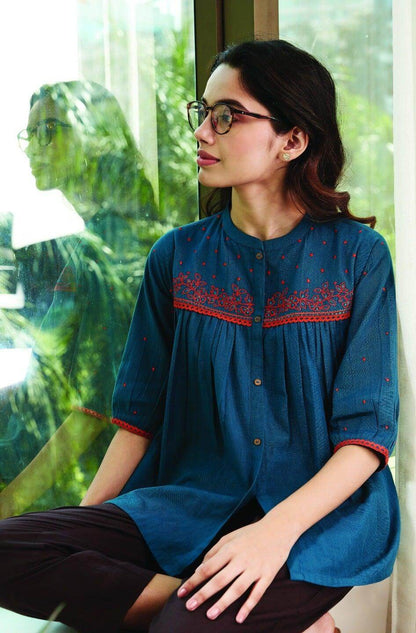 Teal Cotton Flex Embroidered Regular Top