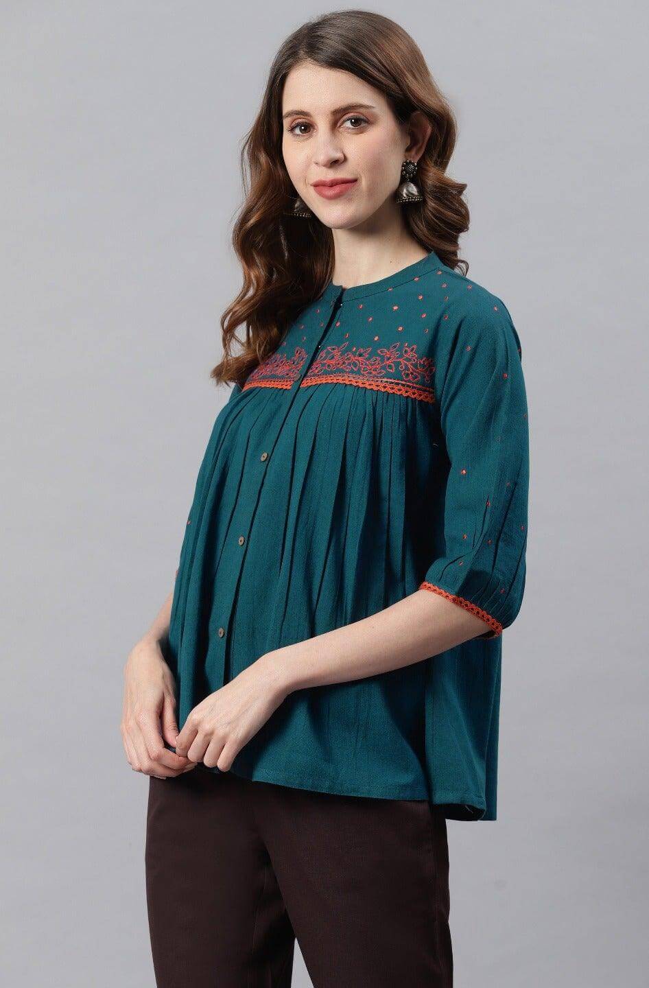 Teal Cotton Flex Embroidered Regular Top