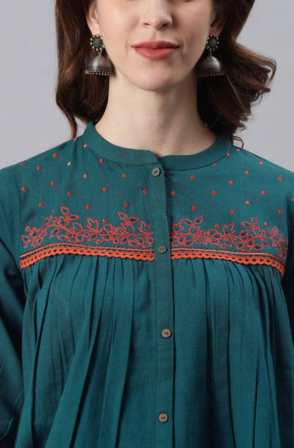 Teal Cotton Flex Embroidered Regular Top