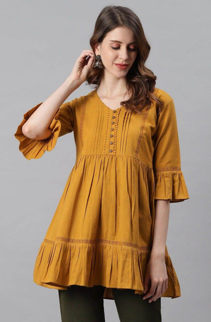 Mustard Cotton Flex Embellished Gathered Tunic