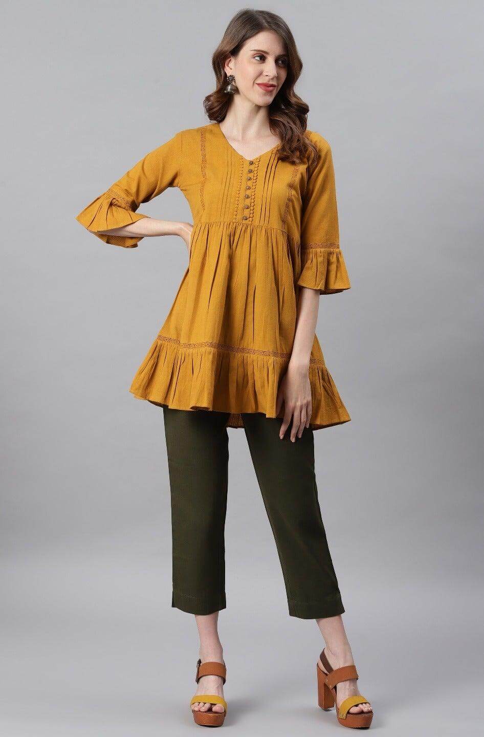 Mustard Cotton Flex Embellished Gathered Tunic