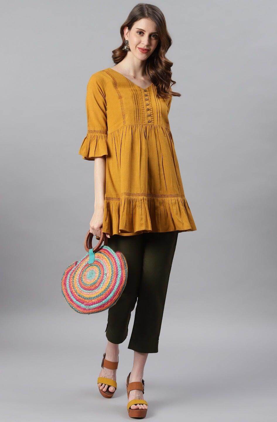 Mustard Cotton Flex Embellished Gathered Tunic