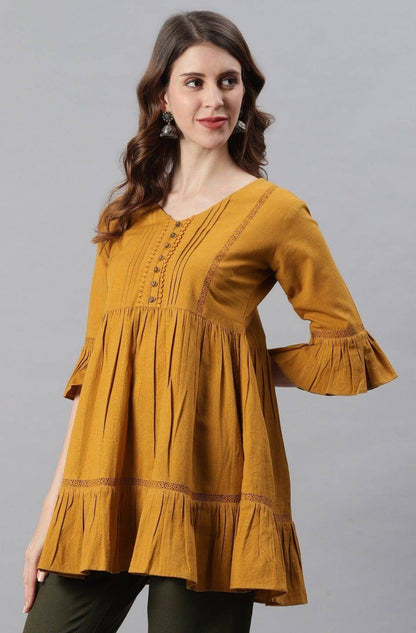 Mustard Cotton Flex Embellished Gathered Tunic