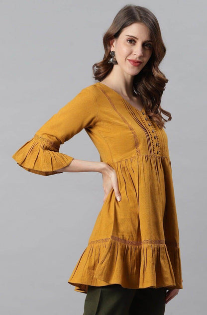 Mustard Cotton Flex Embellished Gathered Tunic