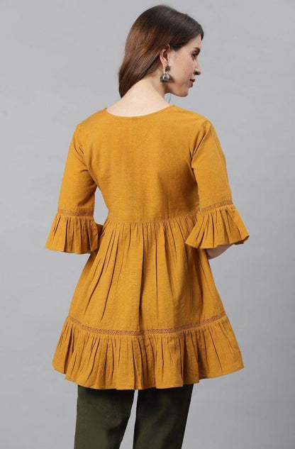 Mustard Cotton Flex Embellished Gathered Tunic