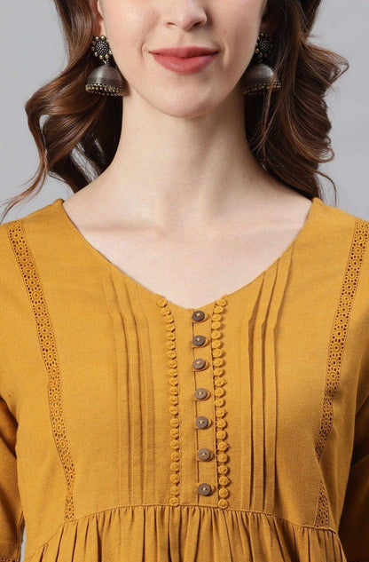 Mustard Cotton Flex Embellished Gathered Tunic