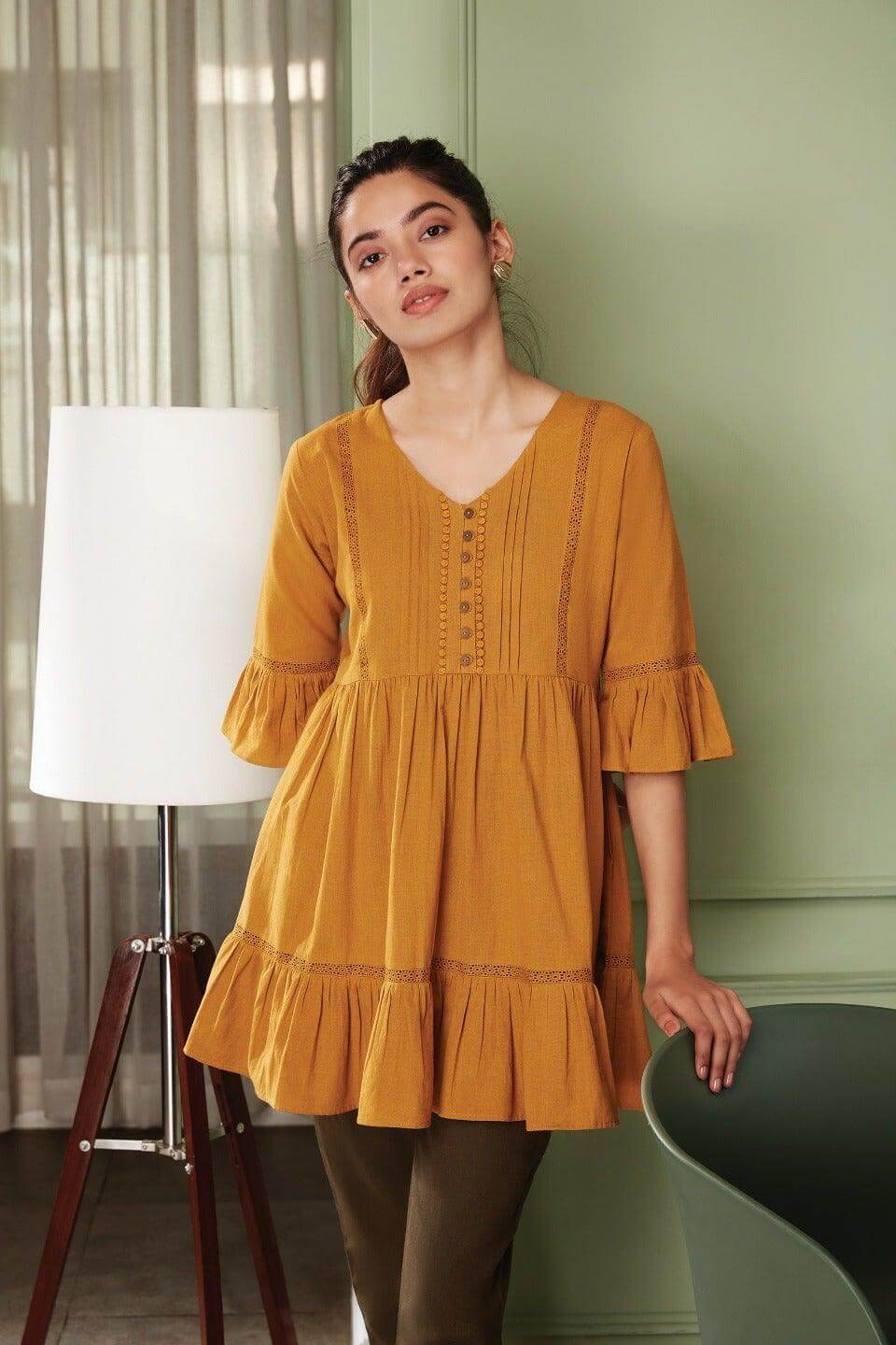 Mustard Cotton Flex Embellished Gathered Tunic