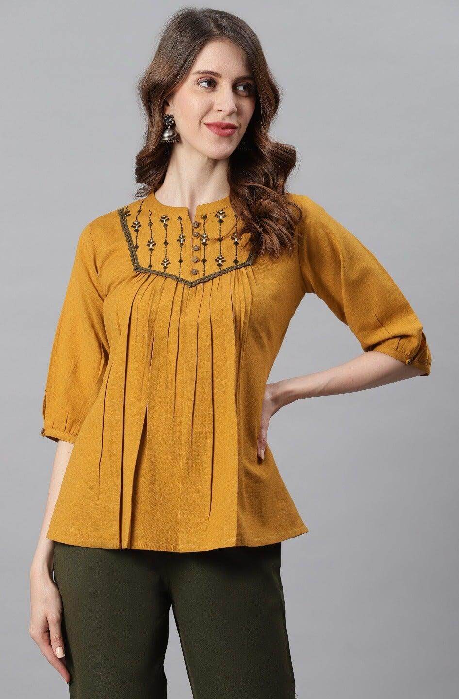 Mustard Cotton Flex Embroidered A-Line Top