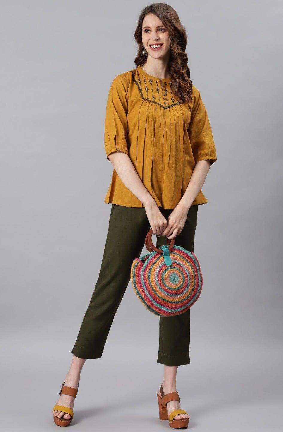 Mustard Cotton Flex Embroidered A-Line Top