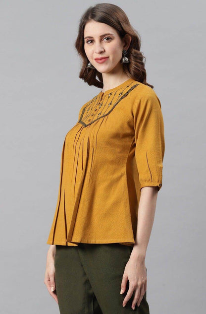 Mustard Cotton Flex Embroidered A-Line Top