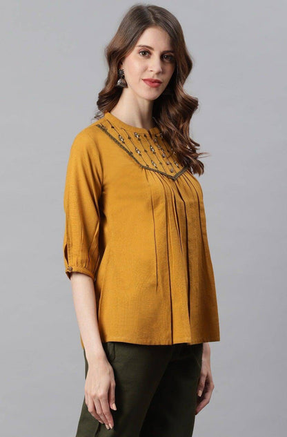 Mustard Cotton Flex Embroidered A-Line Top