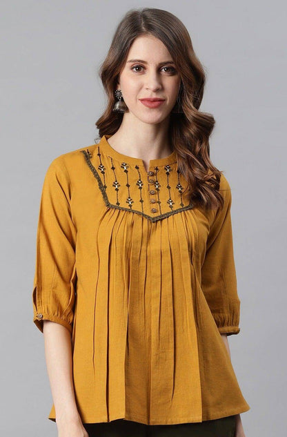 Mustard Cotton Flex Embroidered A-Line Top