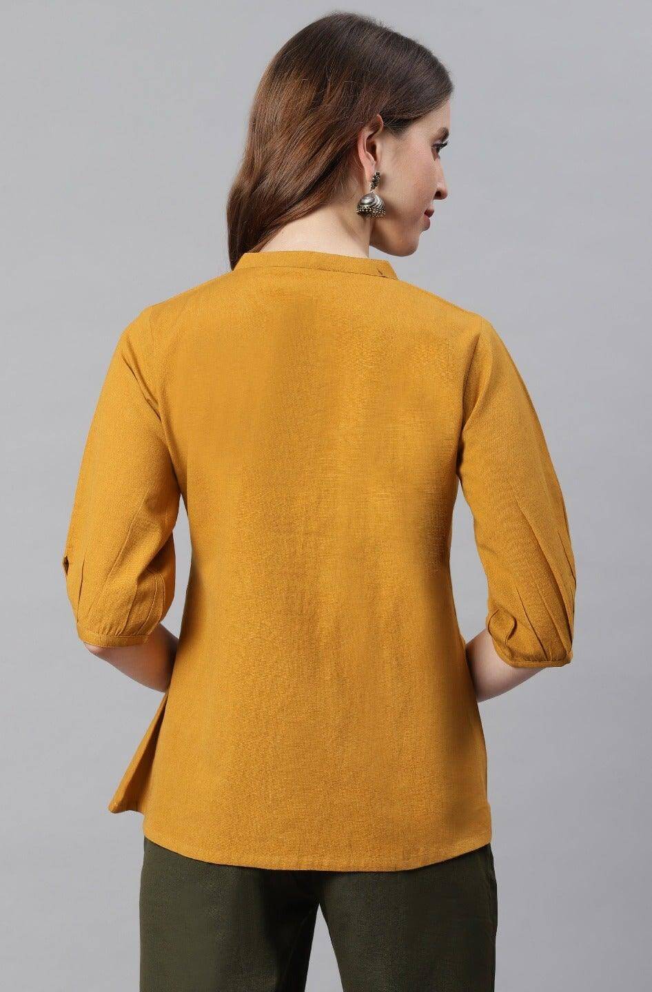 Mustard Cotton Flex Embroidered A-Line Top