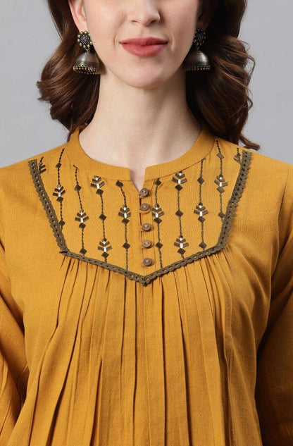 Mustard Cotton Flex Embroidered A-Line Top