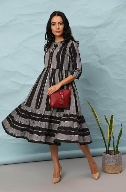 Black Cotton Striped Flared Western Dress