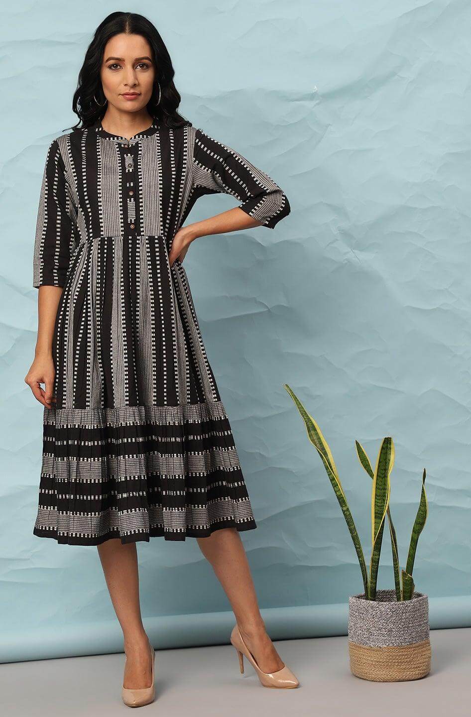 Black Cotton Striped Flared Western Dress