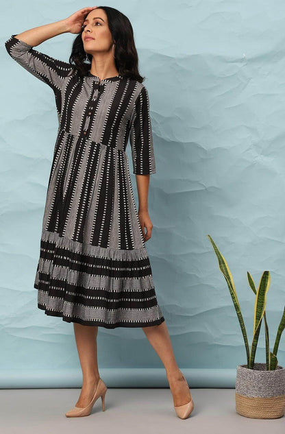 Black Cotton Striped Flared Western Dress