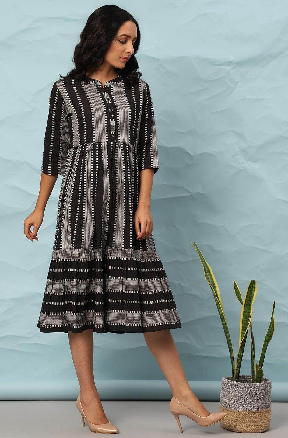 Black Cotton Striped Flared Western Dress