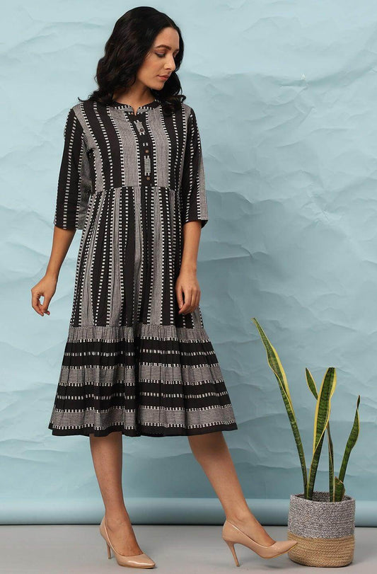 Black Cotton Striped Flared Western Dress