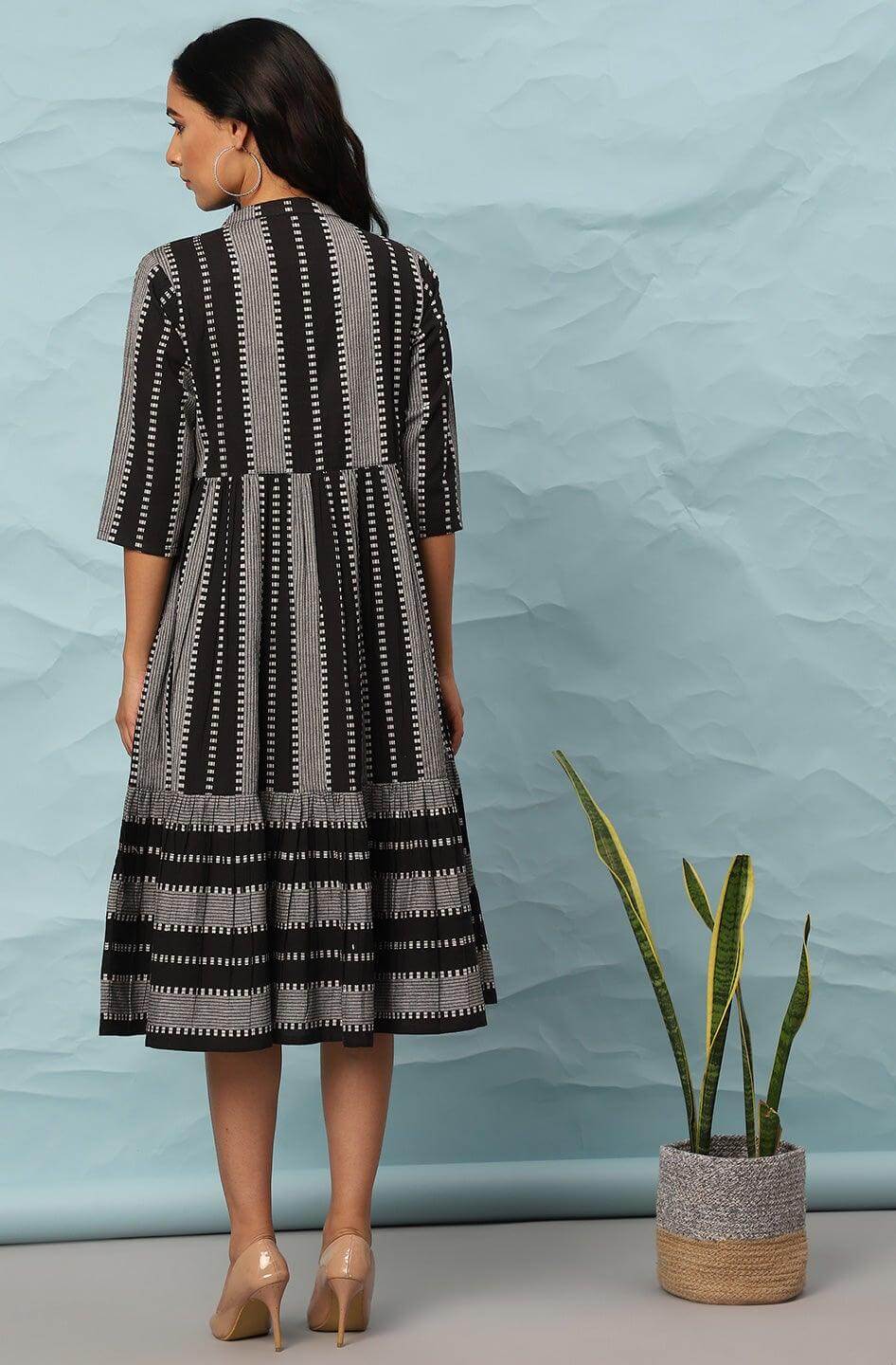 Black Cotton Striped Flared Western Dress