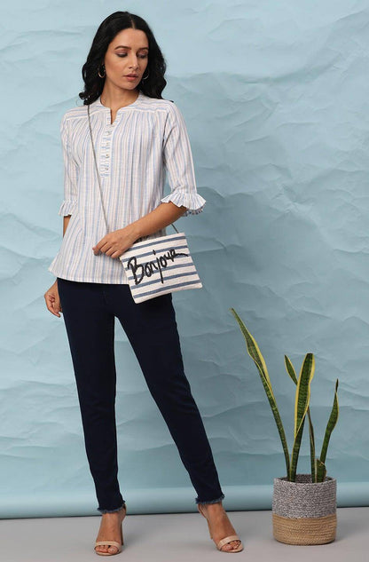 White Cotton Slub Striped Straight Top