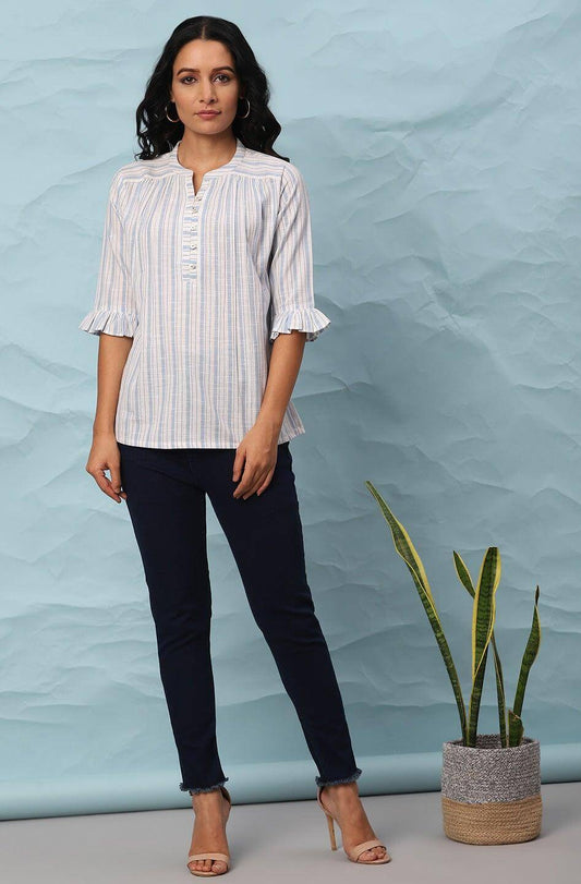 White Cotton Slub Striped Straight Top