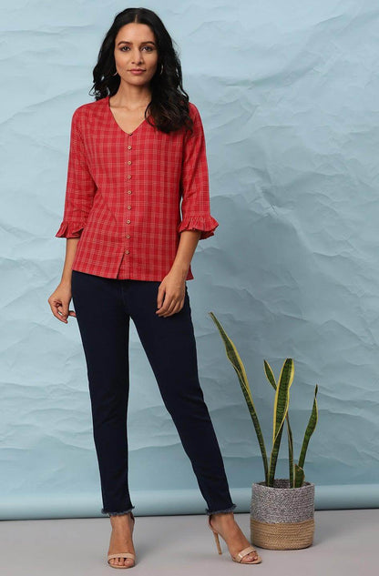 Red Cotton Checkered Regular Top