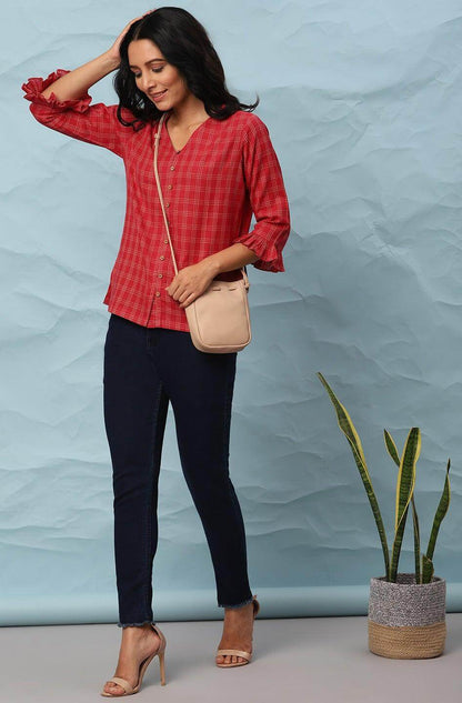 Red Cotton Checkered Regular Top